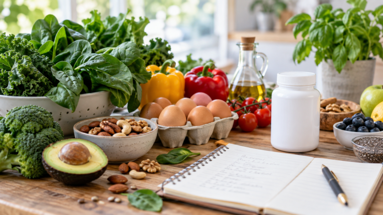 Alimentos frescos y suplemento para prevenir deficiencias nutricionales
