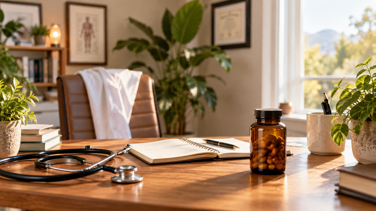 Frutas, verduras y cápsulas sobre una mesa: qué es la medicina ortomolecular y su relación con la alimentación