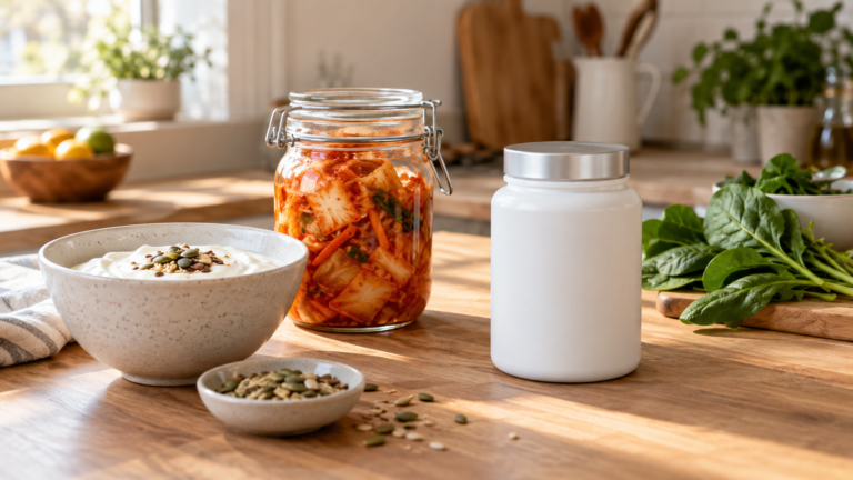 Frasco blanco de suplemento junto a un bol de yogur y un frasco de kimchi sobre una mesa de madera