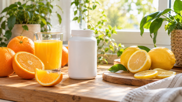 Frasco en gotas de vitamina D3 y K2 junto a huevo y aguacate sobre una mesa de cocina