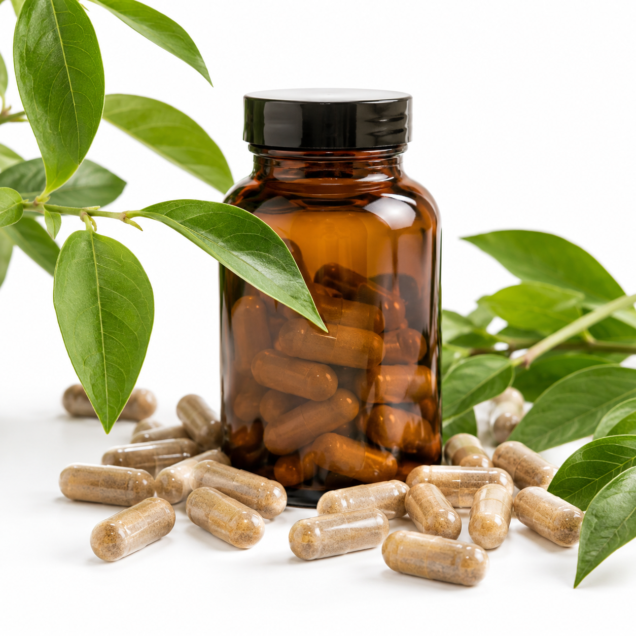 Frasco de suplemento con cápsulas y hojas, línea Mind Supply