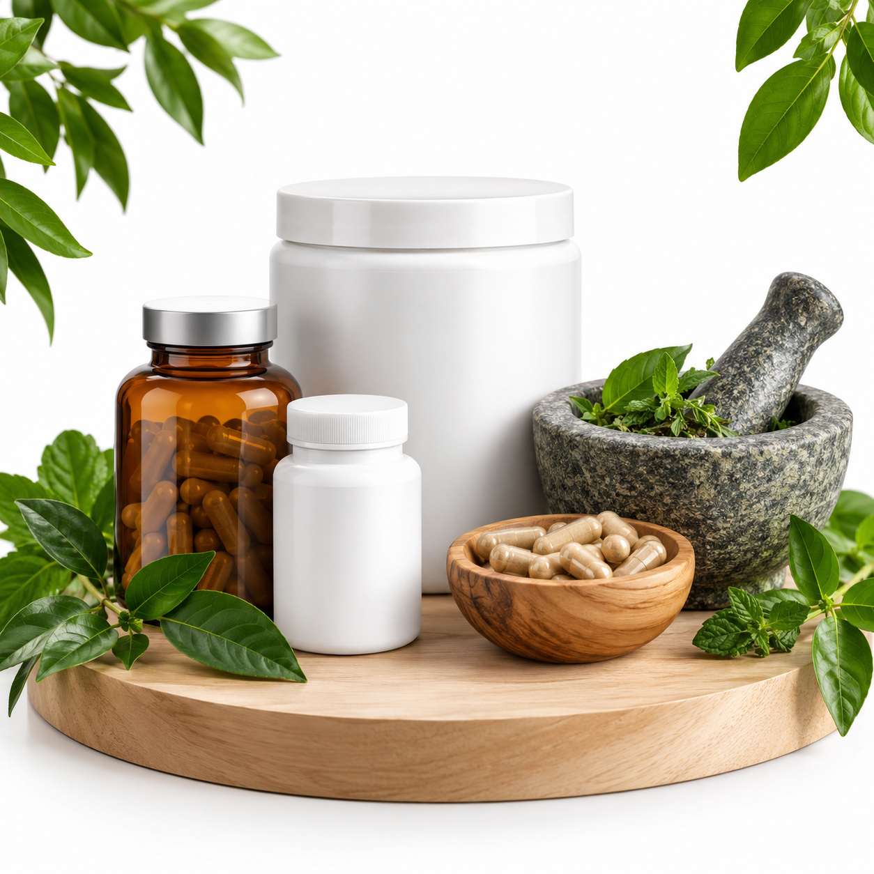 Productos Mind Supply: cápsulas, frascos de suplementos y mortero con hierbas