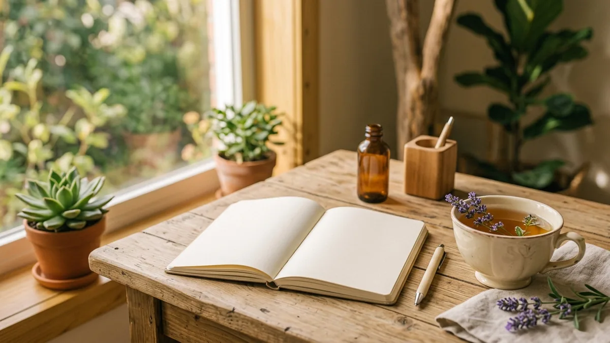 Libreta abierta y taza de té con lavanda junto a la ventana