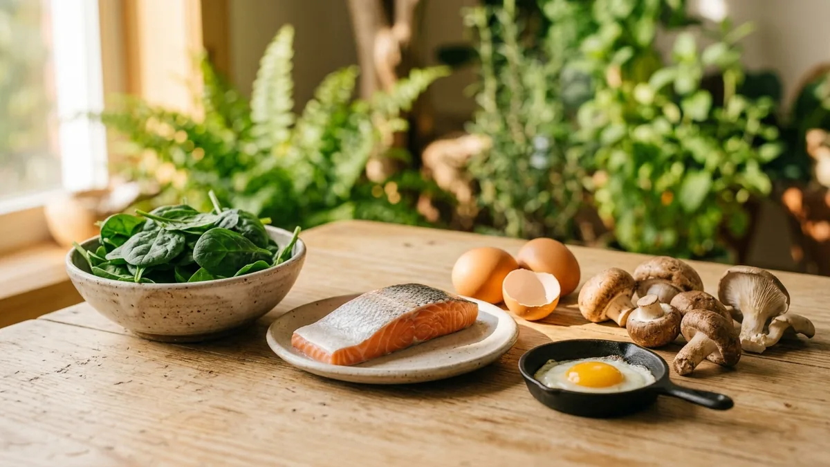 Salmón, huevos, champiñones y espinacas al sol