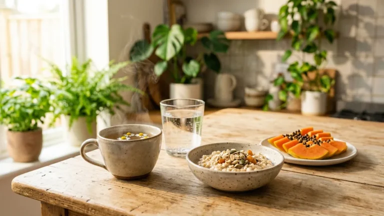 Plato de avena con fruta y un vaso de agua sobre una mesa, comida suave para la acidez estomacal