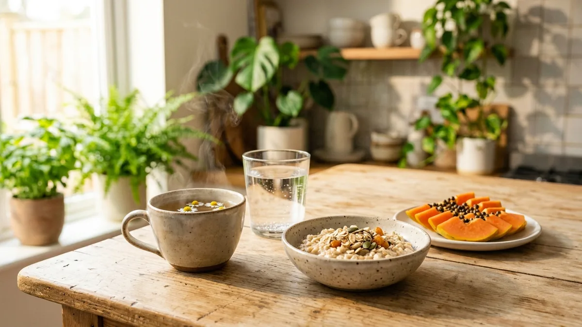 Plato de avena con fruta y un vaso de agua sobre una mesa, comida suave para la acidez estomacal