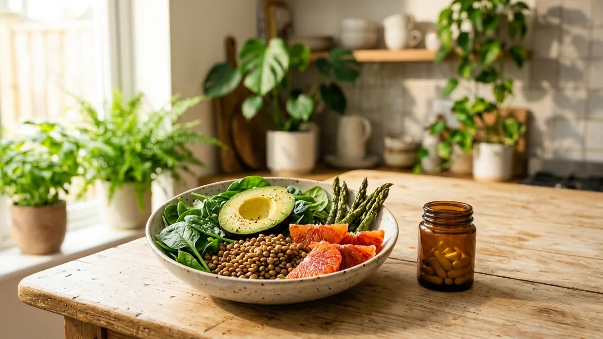 Lentejas, espinaca y naranjas sobre una mesa de cocina, fuentes de ácido fólico