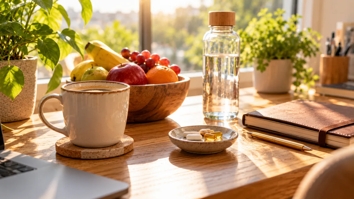 Mesa con frutas, legumbres y frutos secos para el cansancio