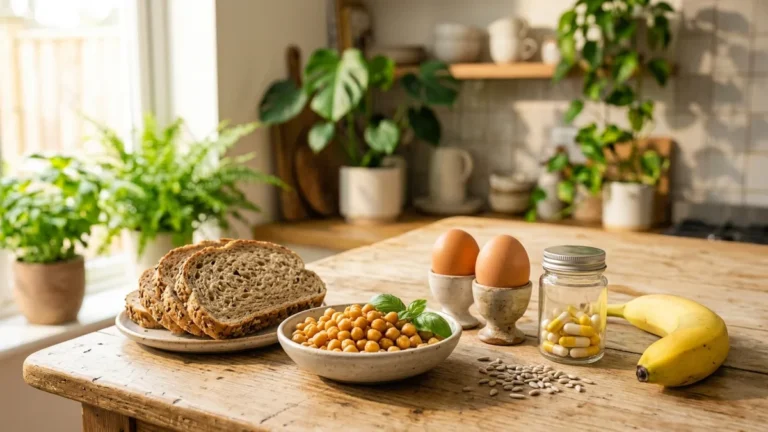 Huevos, lentejas y verduras de hoja verde, fuentes de complejo B