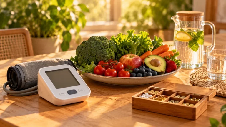 Tensiómetro, fruta fresca y libreta para controlar la presión arterial en casa