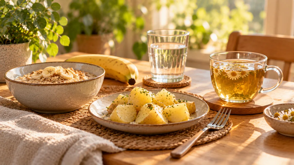 Plato de avena con plátano y una infusión tibia para la gastritis