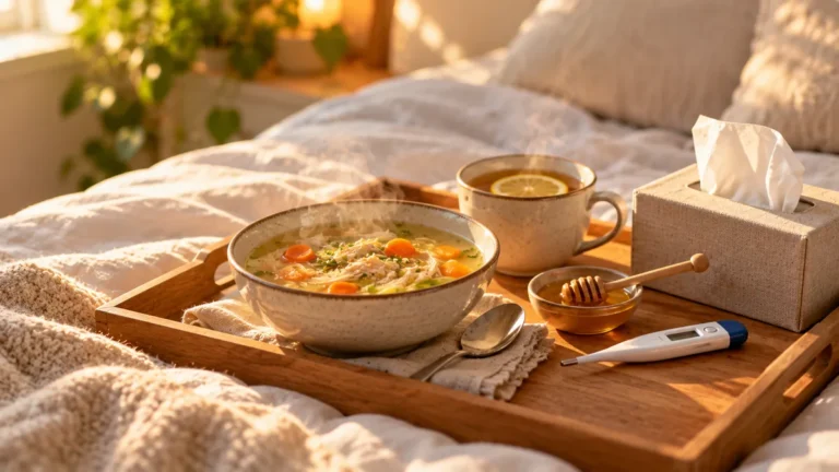 Taza de caldo caliente, naranjas y una manta sobre una mesa, ambiente tranquilo para pasar la gripe