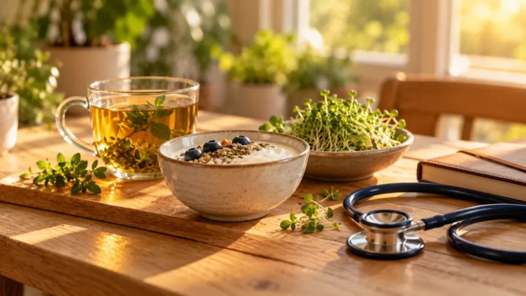 Plato de avena con plátano y té sobre una mesa, comida suave para el estómago con Helicobacter pylori