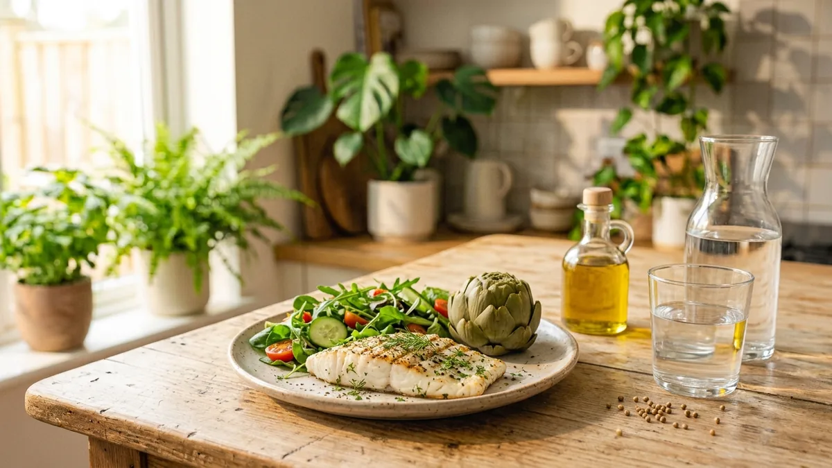 Pescado a la plancha con verduras y aguacate, comida para el hígado graso