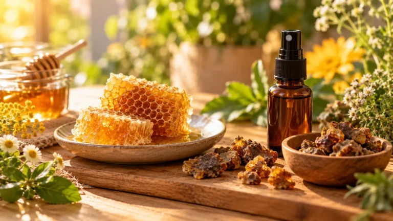 Frasco de propóleo en spray junto a un panal de abejas