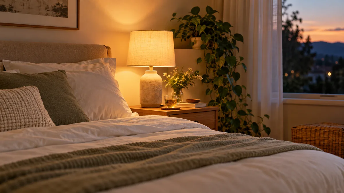 Dormitorio tranquilo al anochecer con una infusión en la mesa de noche