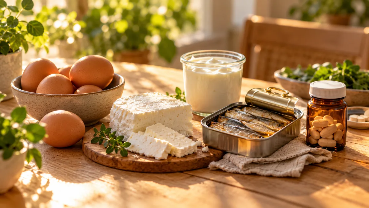 Mesa con huevos, queso, pescado y un frasco de vitamina B12 sobre una tabla de madera