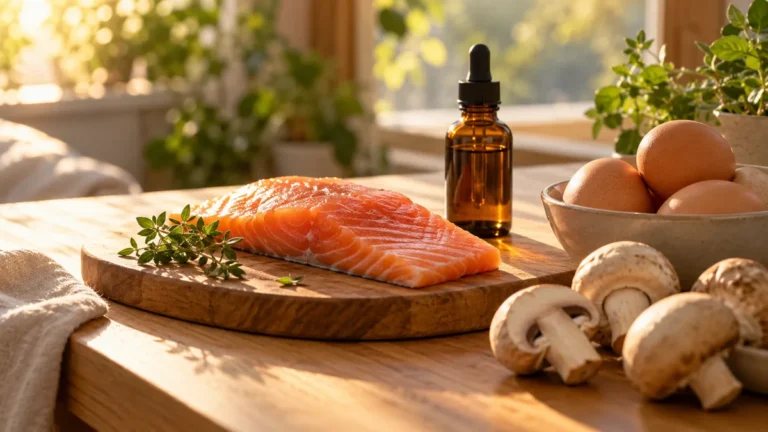 Frasco de cápsulas de vitamina D3 junto a un huevo y un trozo de pescado sobre una mesa de madera