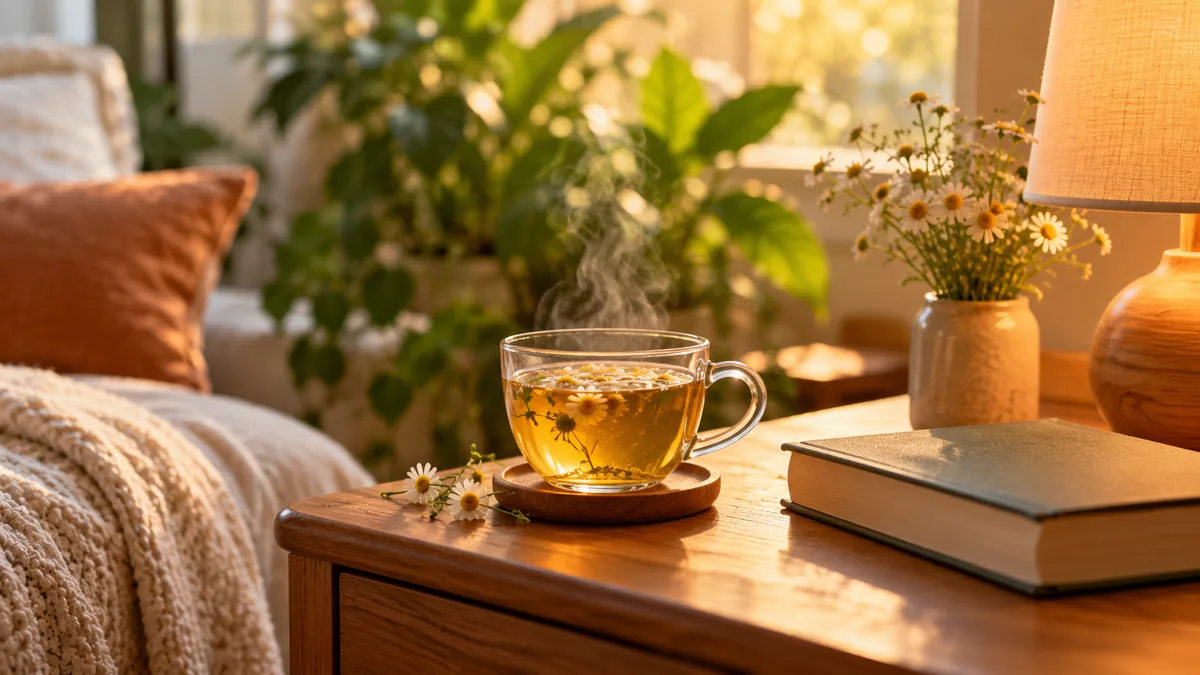 Taza de manzanilla junto a un libro en la mesa de noche