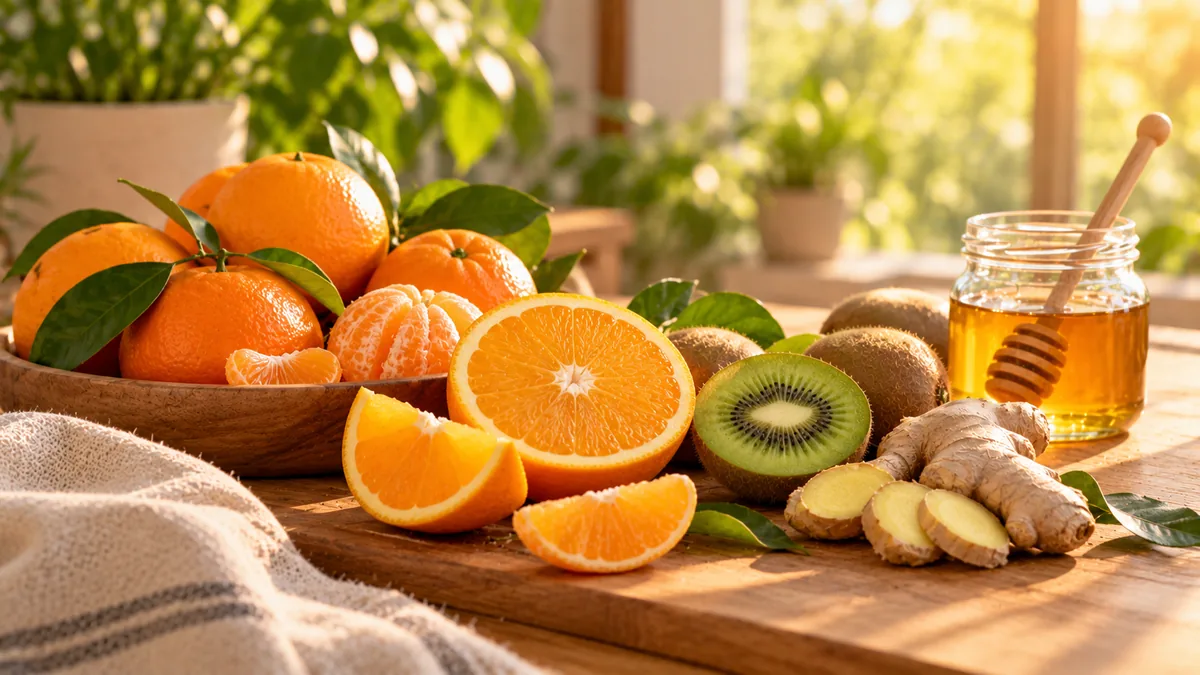 Cítricos, kiwi, jengibre y miel sobre la mesa