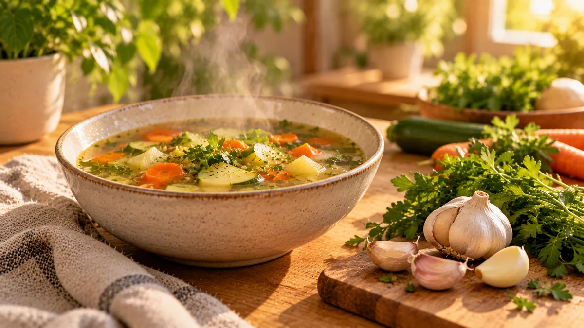 Caldo de verduras humeante con ajo y perejil