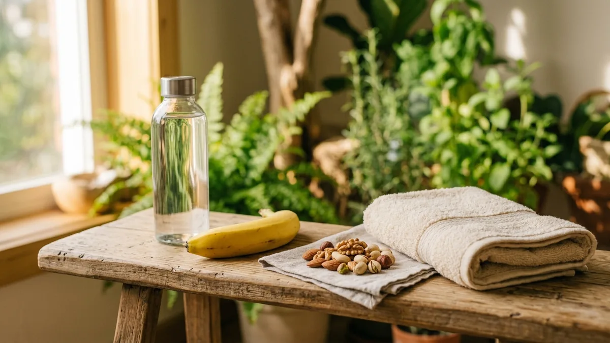 Botella de agua, plátano y frutos secos junto a una toalla