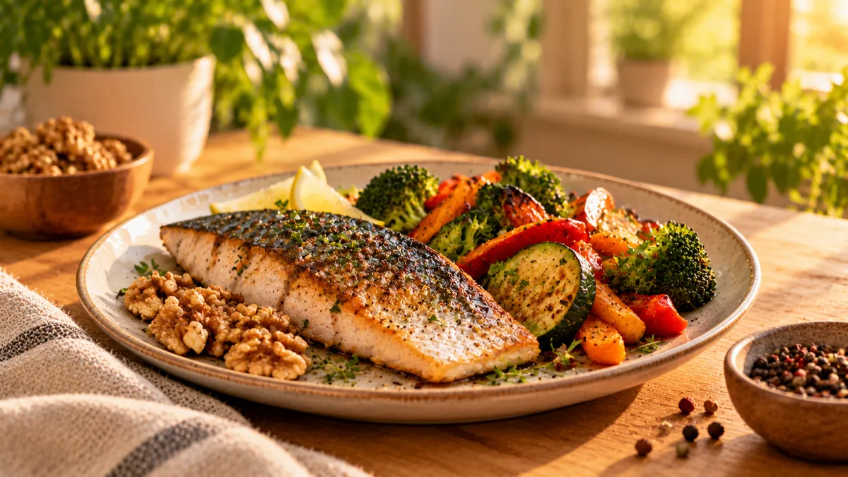 Pescado a la plancha con verduras asadas y nueces