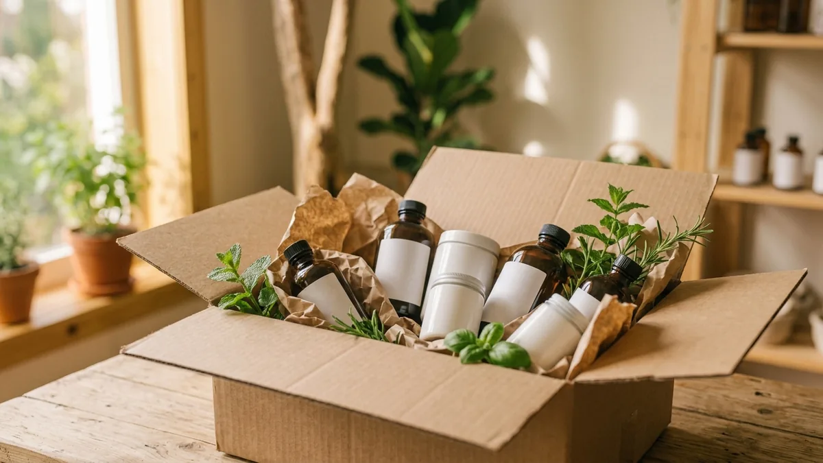 Caja de envío con frascos de suplementos y hojas verdes